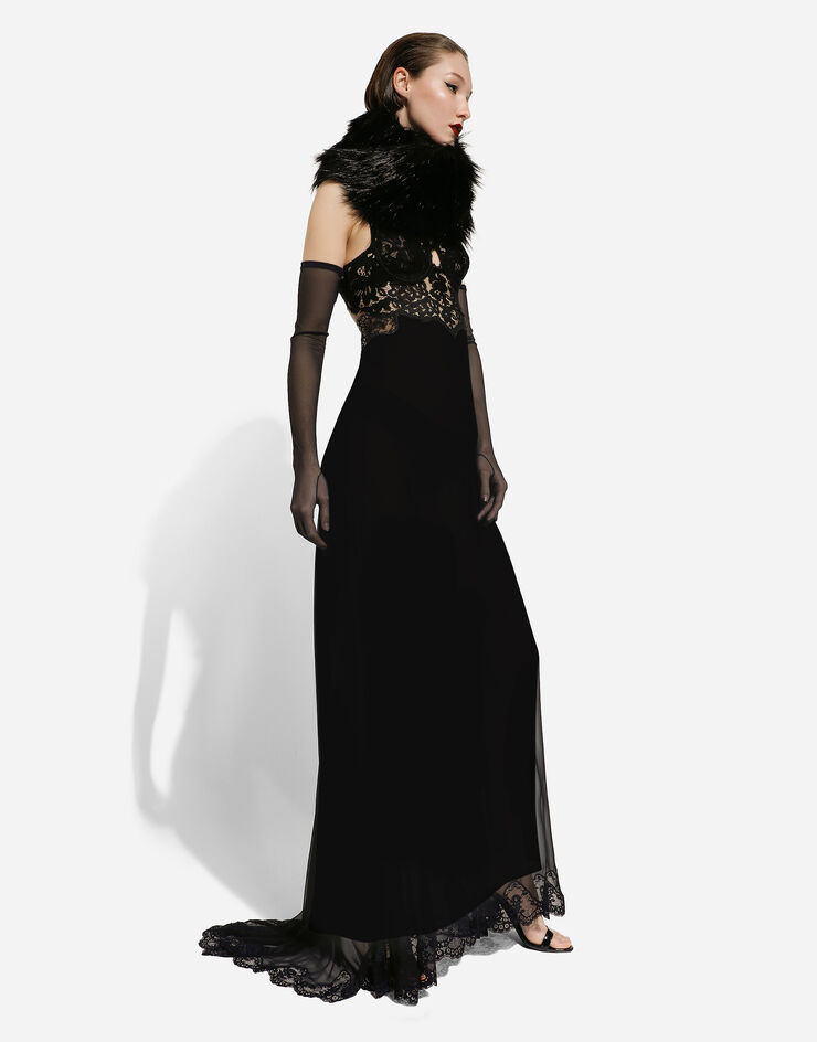 Dolce&Gabbana Long silk chiffon dress with lace body Schwarz F6DKITFU1AT