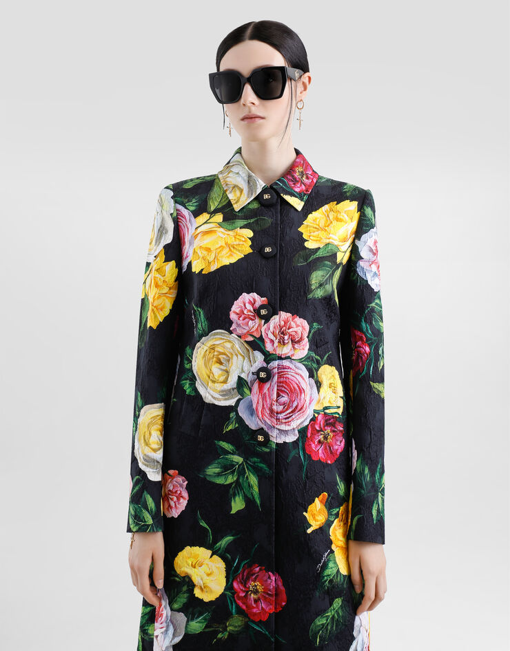 Dolce & Gabbana Abrigo de brocado con botonadura recta y estampado de peonías y rosas Imprima F0W2RTFS9AH