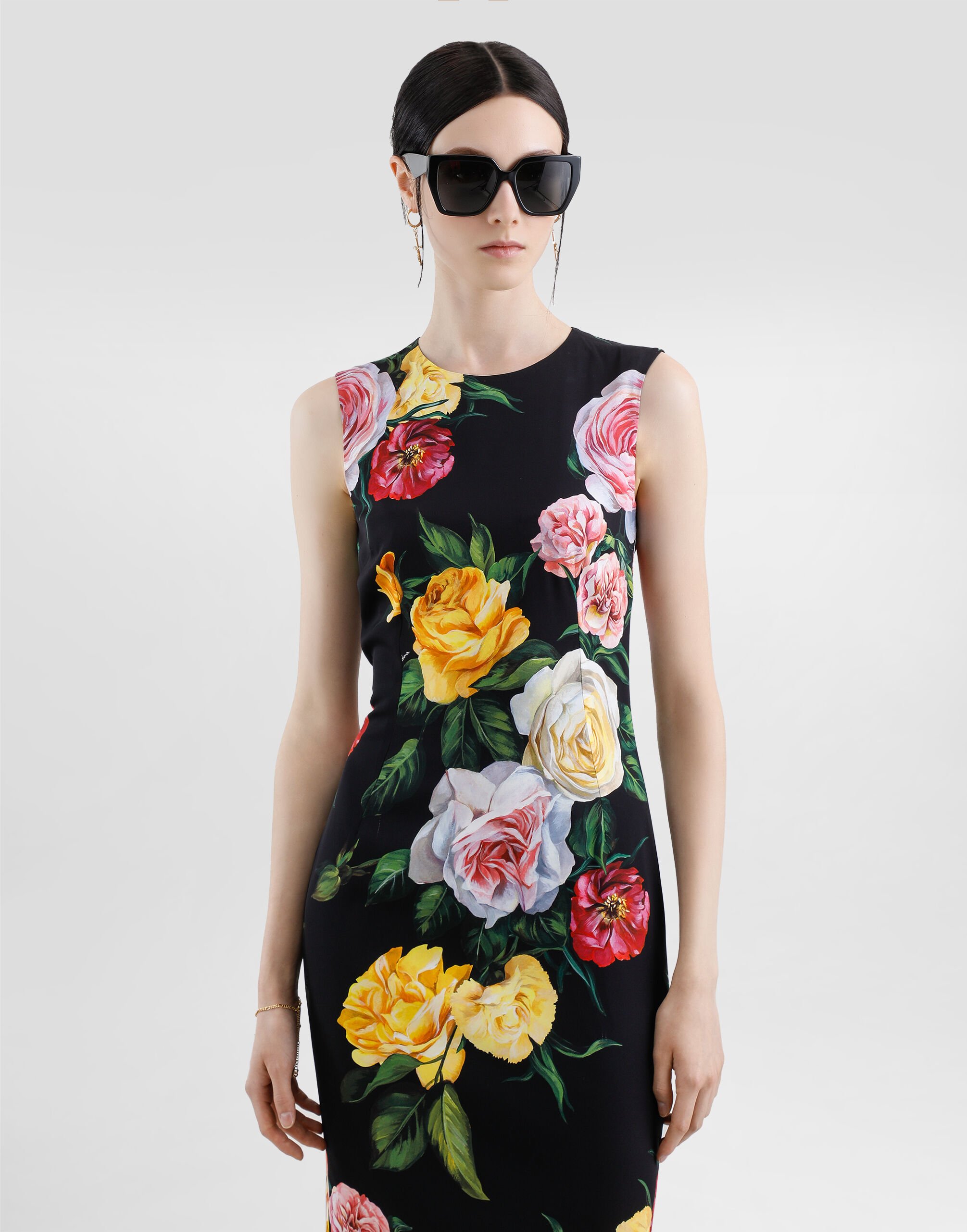 Charmeuse calf-length sheath dress with peony and rose print in
