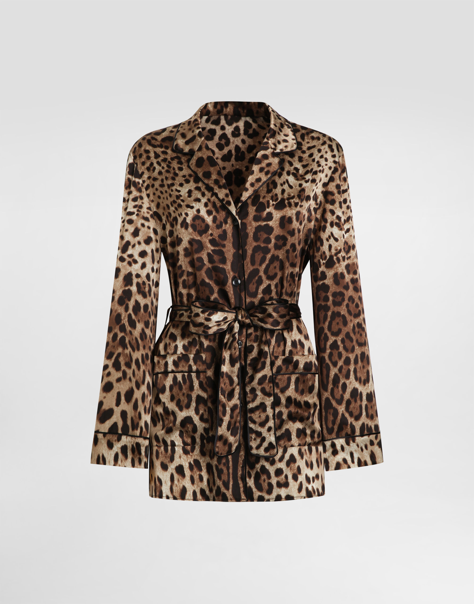 Leopard-print satin pajama shirt with belt in Multicolor for Women
