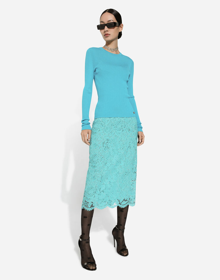 Dolce & Gabbana Branded floral cordonetto lace pencil skirt Turquoise F4B7ITHLM7L