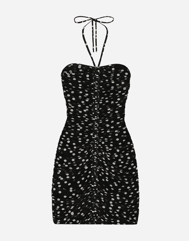 Dolce & Gabbana Kurzes drapiertes Kleid aus Tüll Punkteprint Drucken F6JIZTFSRP2