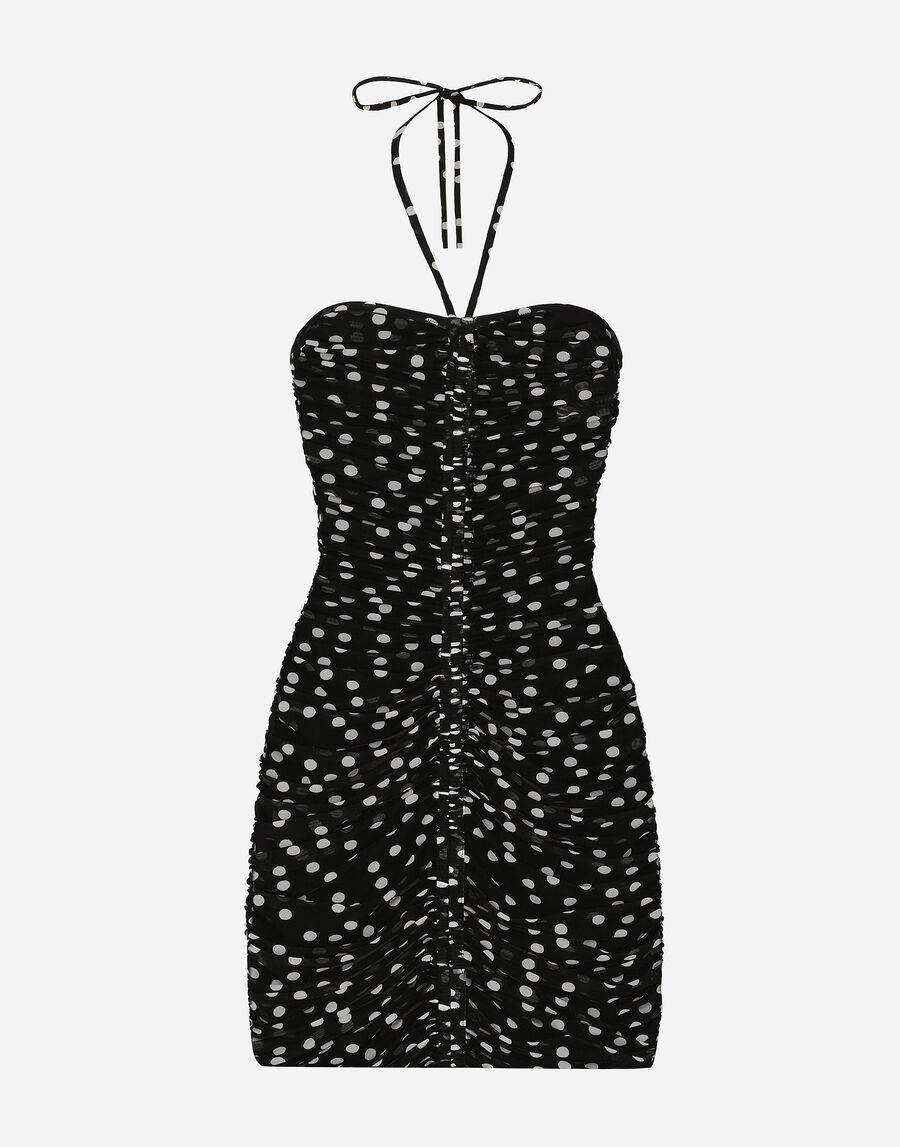 Short draped tulle dress with polka-dot print
