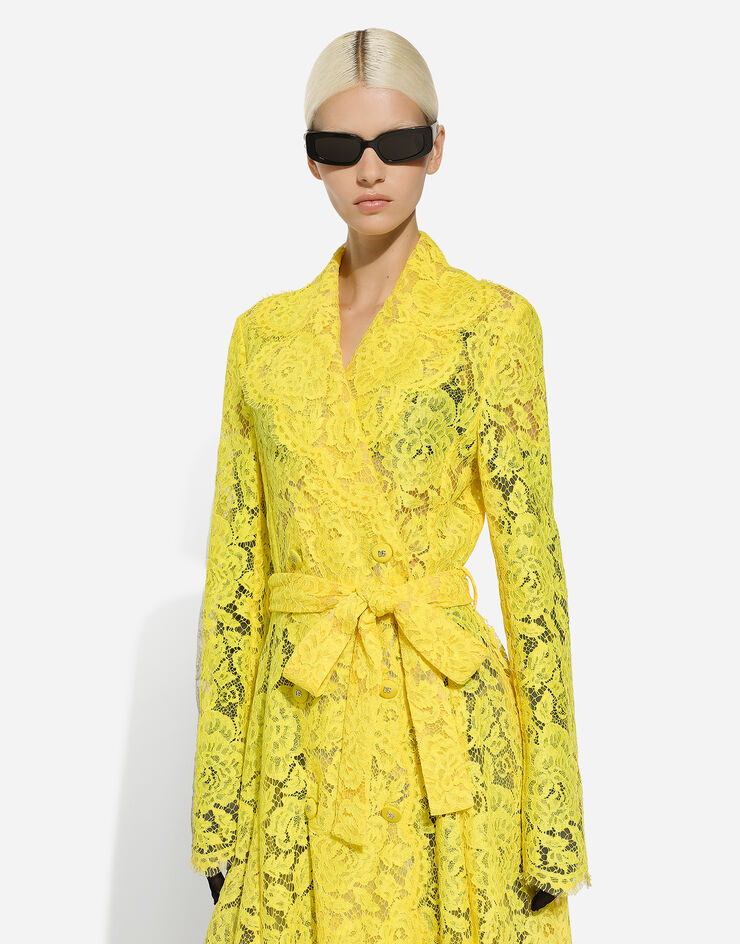 Dolce & Gabbana Branded floral cordonetto lace trench coat Yellow F0W0KTHLM7L
