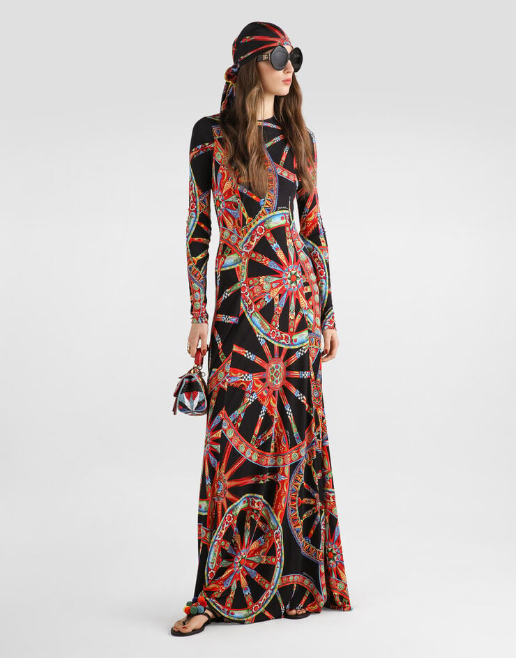 Dolce & Gabbana Langes Kleid aus Viskosejersey mit Carretto-Print Dolce & Gabbana Langes Kleid aus Viskosejersey mit Carretto-Print Multicolor F623QTFS8DT