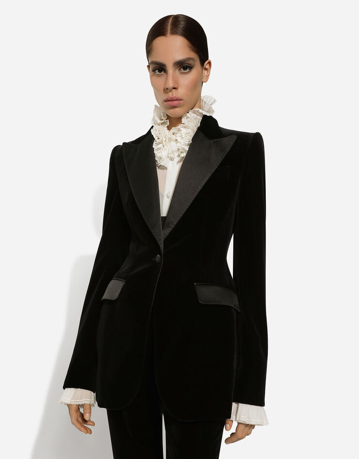 Dolce & Gabbana 싱글 브레스티드 벨벳 털링턴 턱시도 재킷 블랙 F29YLTFUVG7