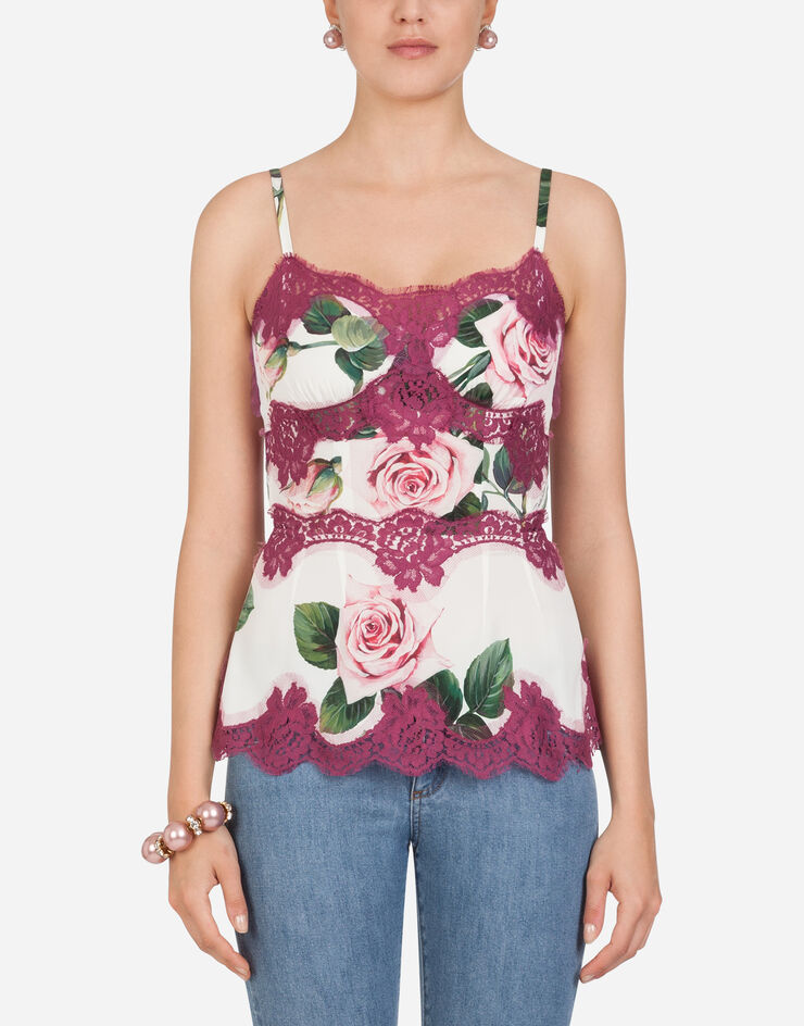 Dolce & Gabbana TROPICAL ROSE PRINT CHARMEUSE TOP WITH SHOULDER STRAPS AND LACE DETAILS IMPRIMÉ FLEURI F74E1TFSAZD