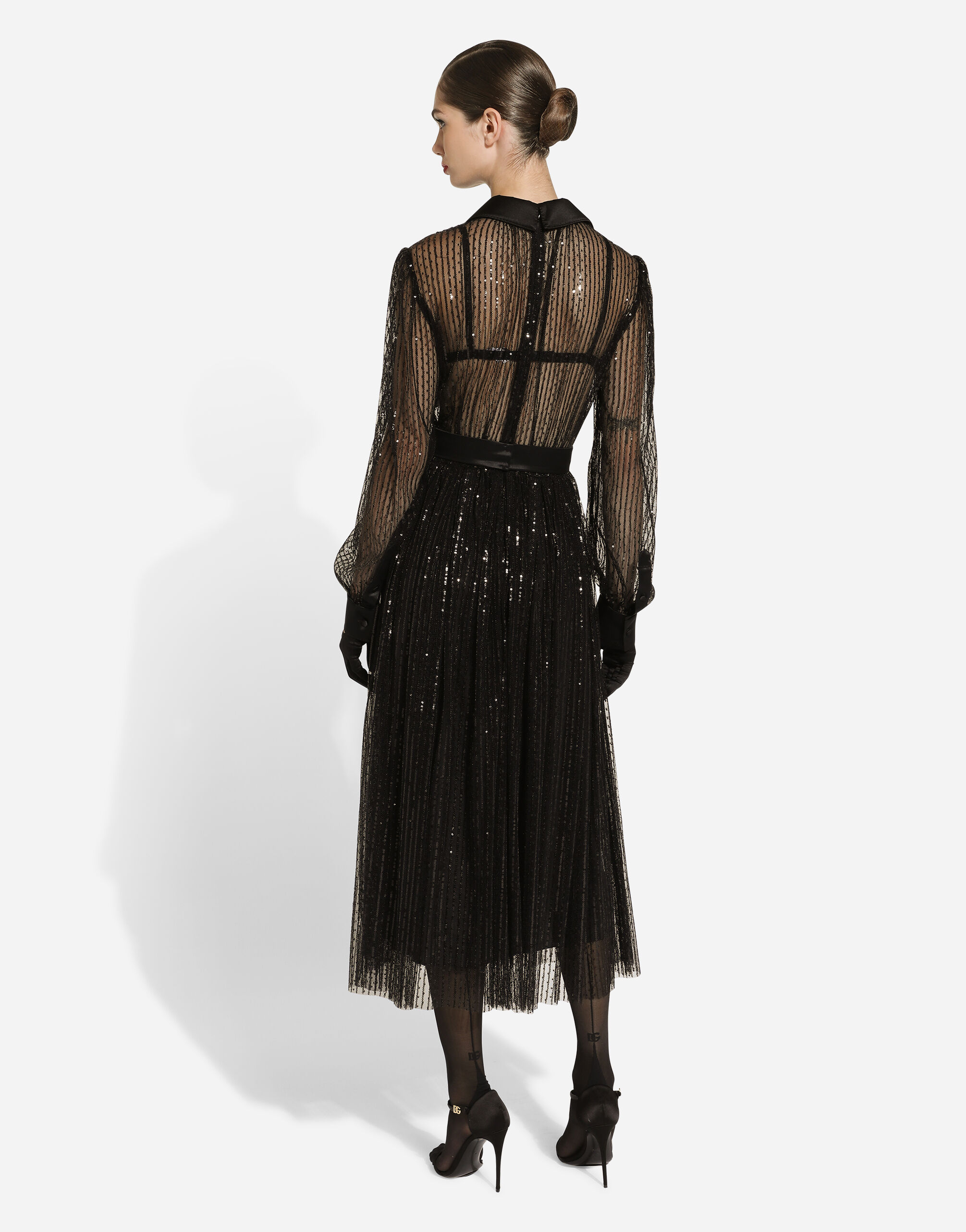 Calf-length tulle tuxedo shirt dress with sequin embellishment in