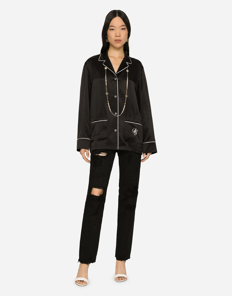 Dolce & Gabbana Satin pajama shirt with DG embroidery Black F5O12ZFU1AU