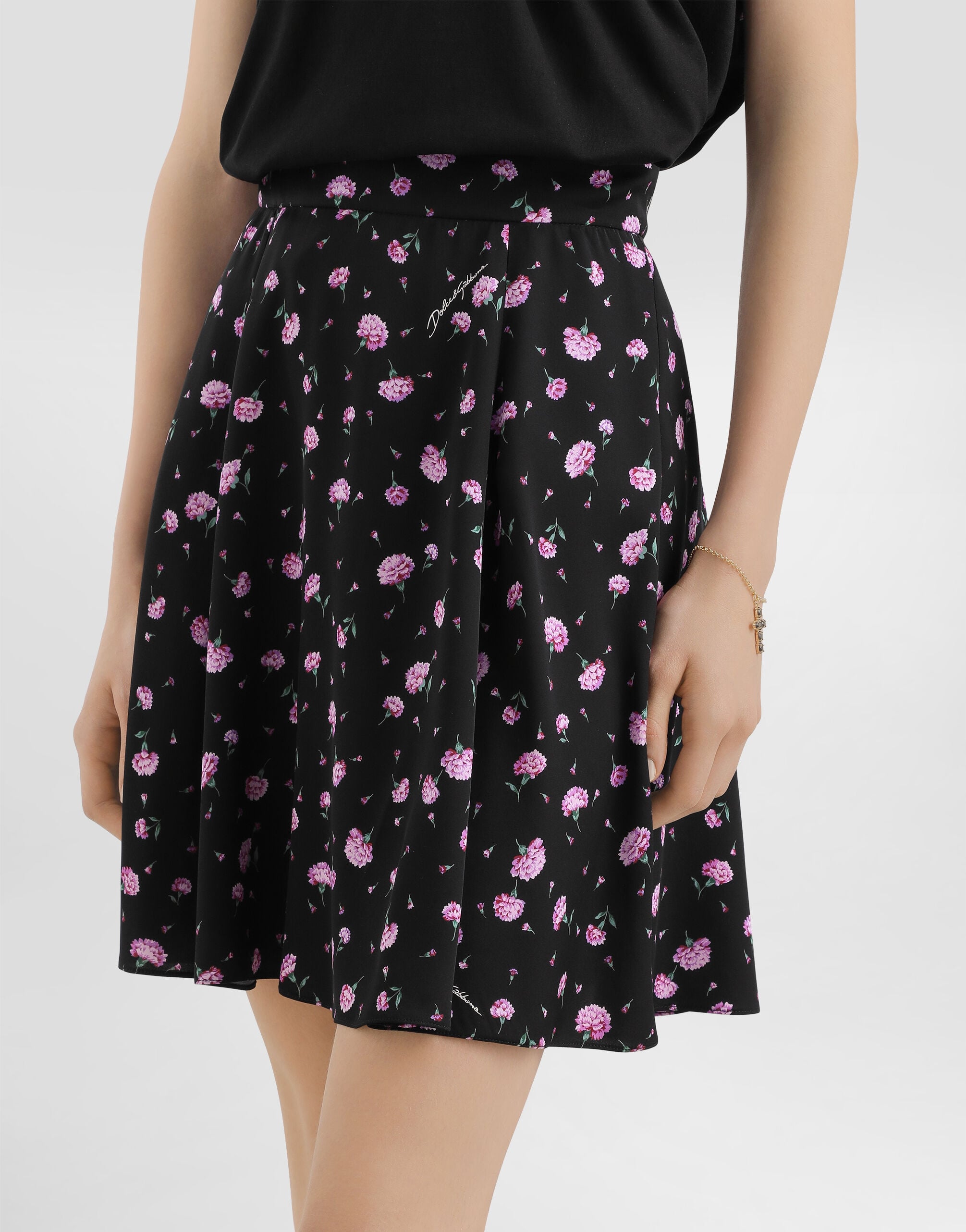 Carnations-print silk canvas skirt in Multicolor for Women