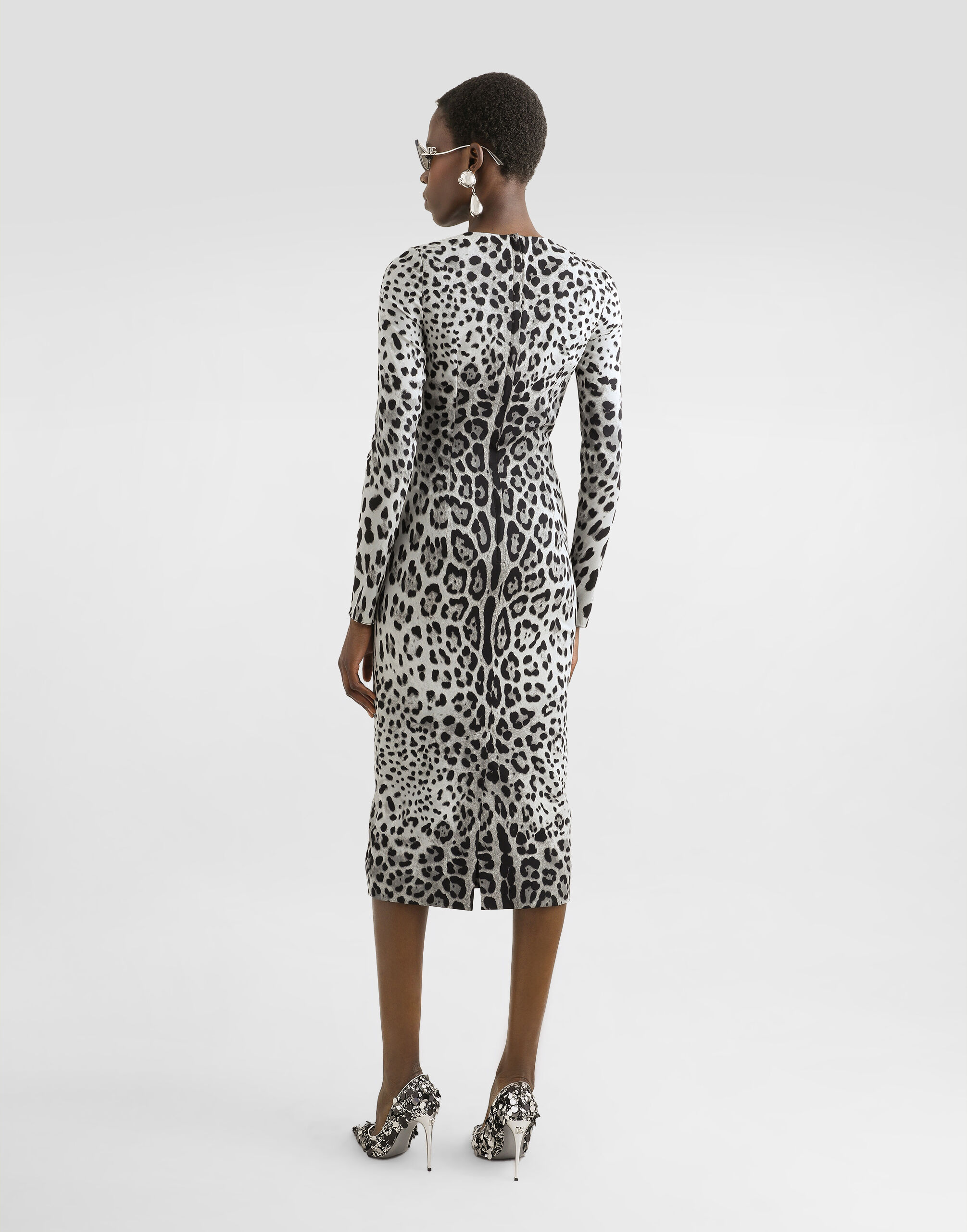 Charmeuse calf length sheath dress with leopard print