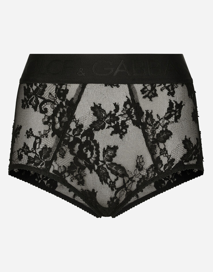 Lace high-waisted panties with branded elastic in Black for