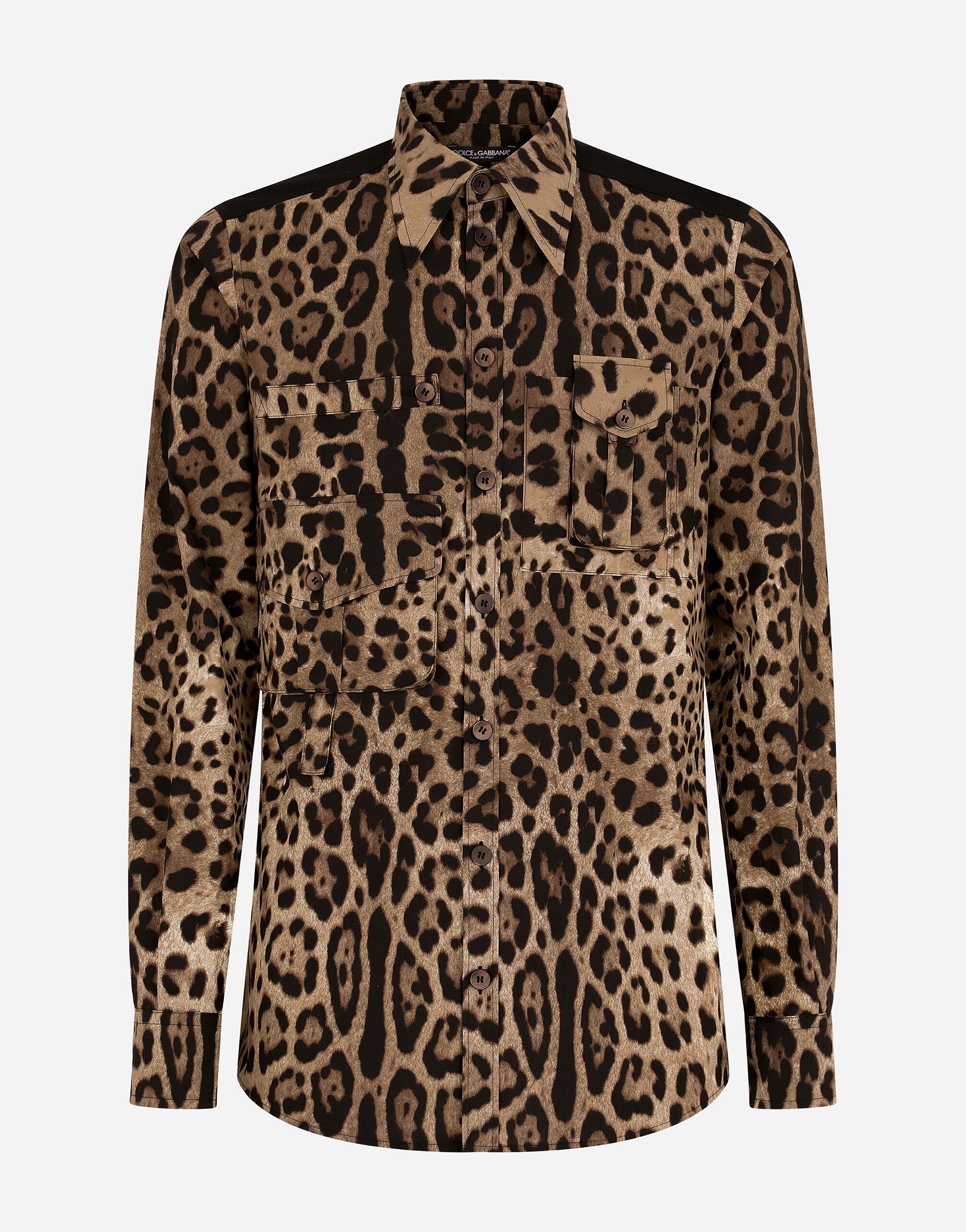 Dolce & Gabbana Leopard-print cotton shirt with multiple pockets Blue G5EM2TFU1AU