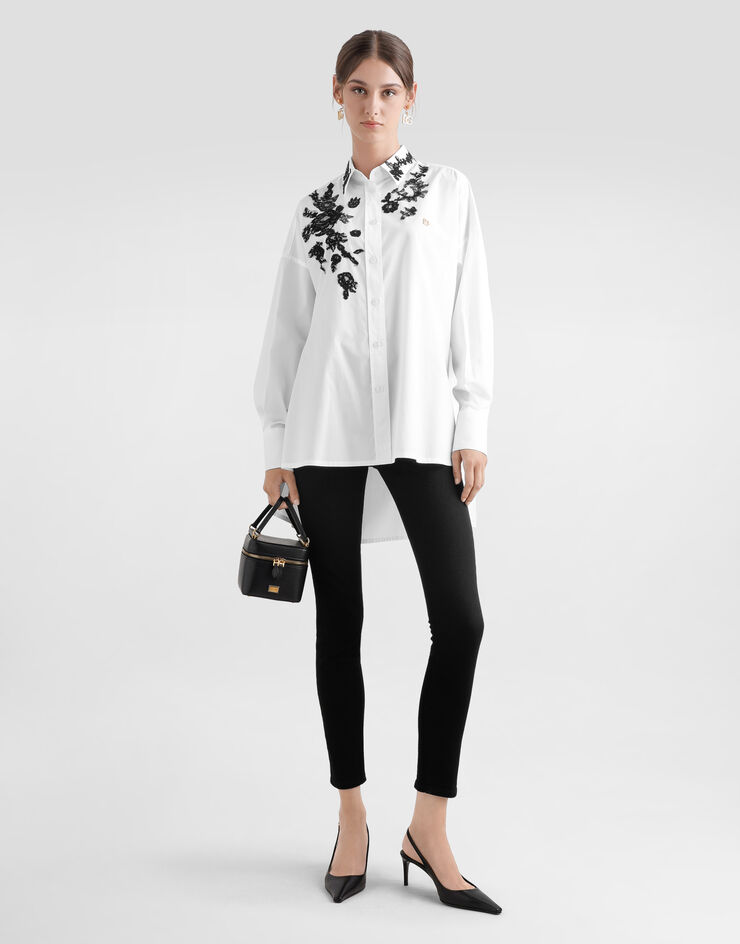 Dolce & Gabbana Camicia oversize in popeline di cotone con applicazioni in pizzo Bianco F5T39TGDB8O