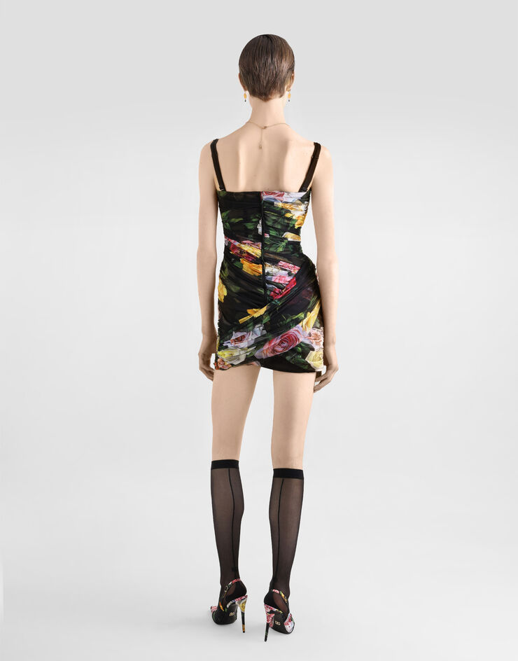Dolce & Gabbana Vestido corto de tul drapeado con estampado de peonías y rosas Imprima F6TLETFSUBI