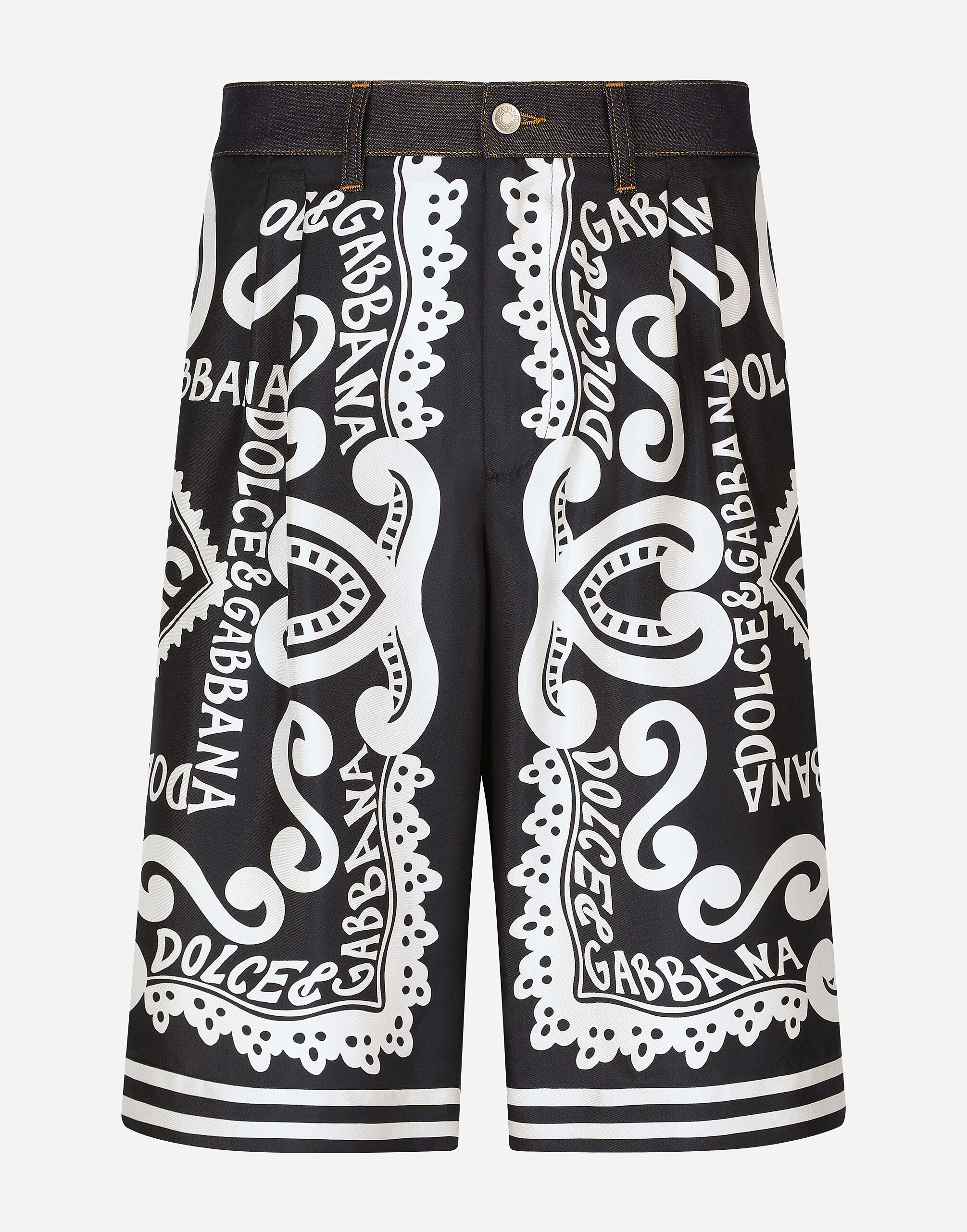 Silk and stretch denim shorts with Marina print in Blue for