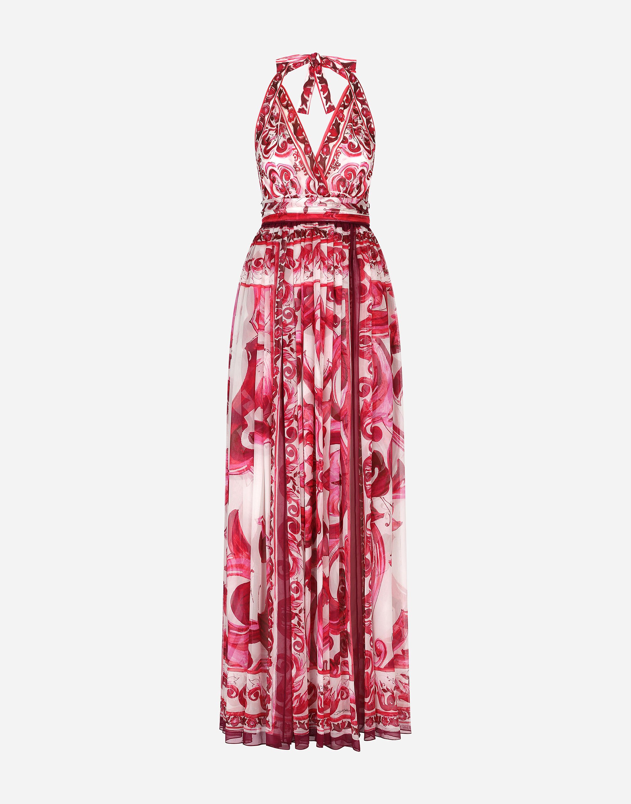 Dolce & Gabbana 마욜리카 프린트 민소매 시폰 롱 드레스 레드 F772CTHLMU0