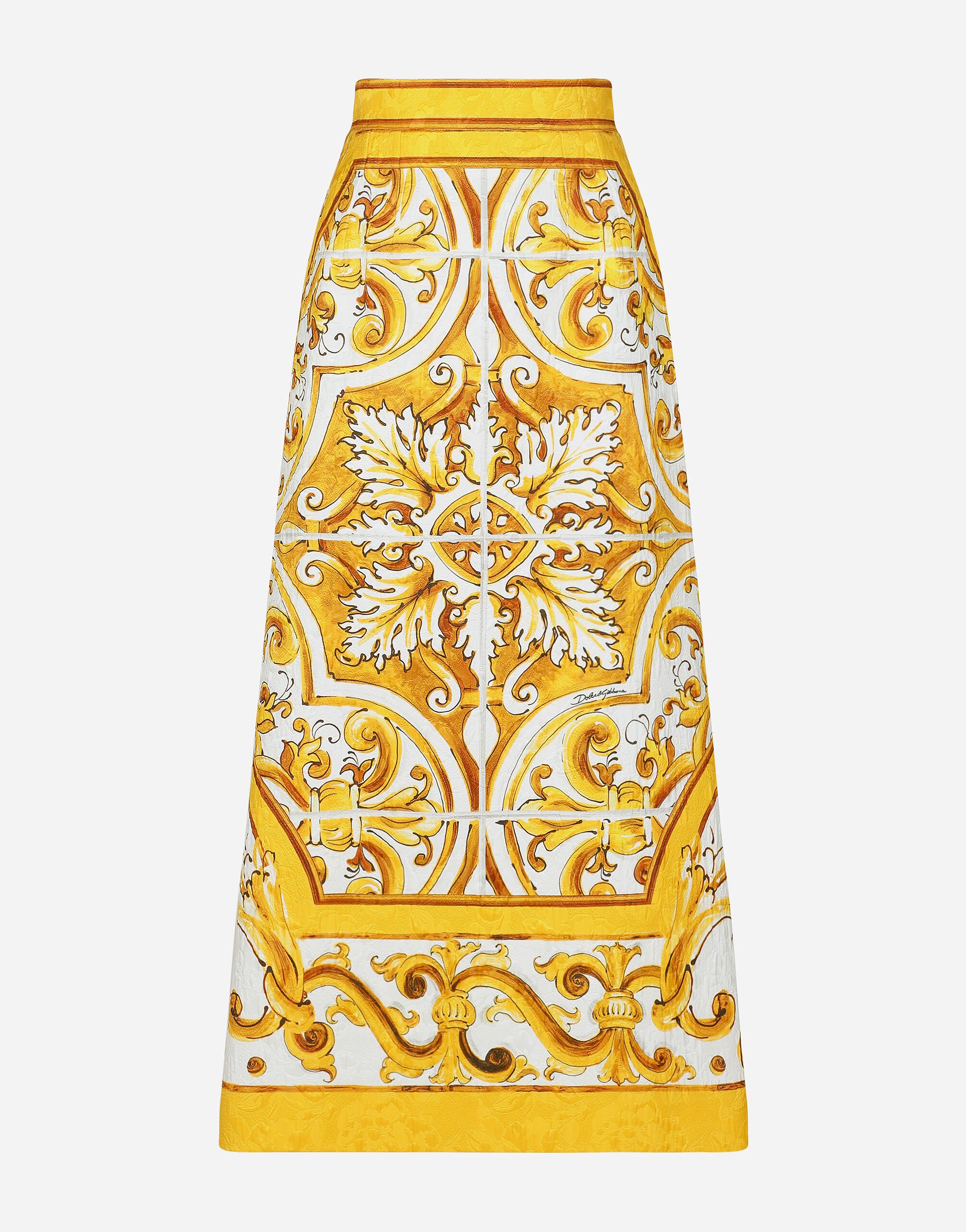 Dolce & Gabbana Jupe mi-longue en brocart à imprimé majoliques Jaune BB6003AW050