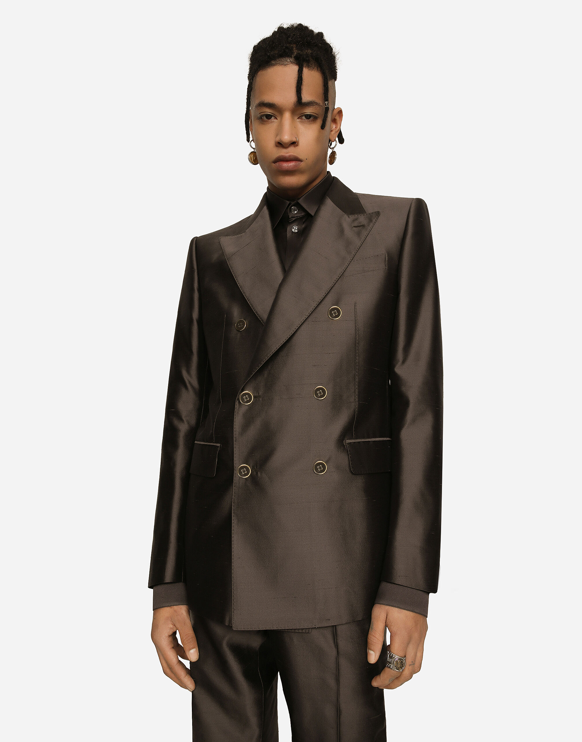 Shantung silk double-breasted Sicilia-fit suit in Grey for