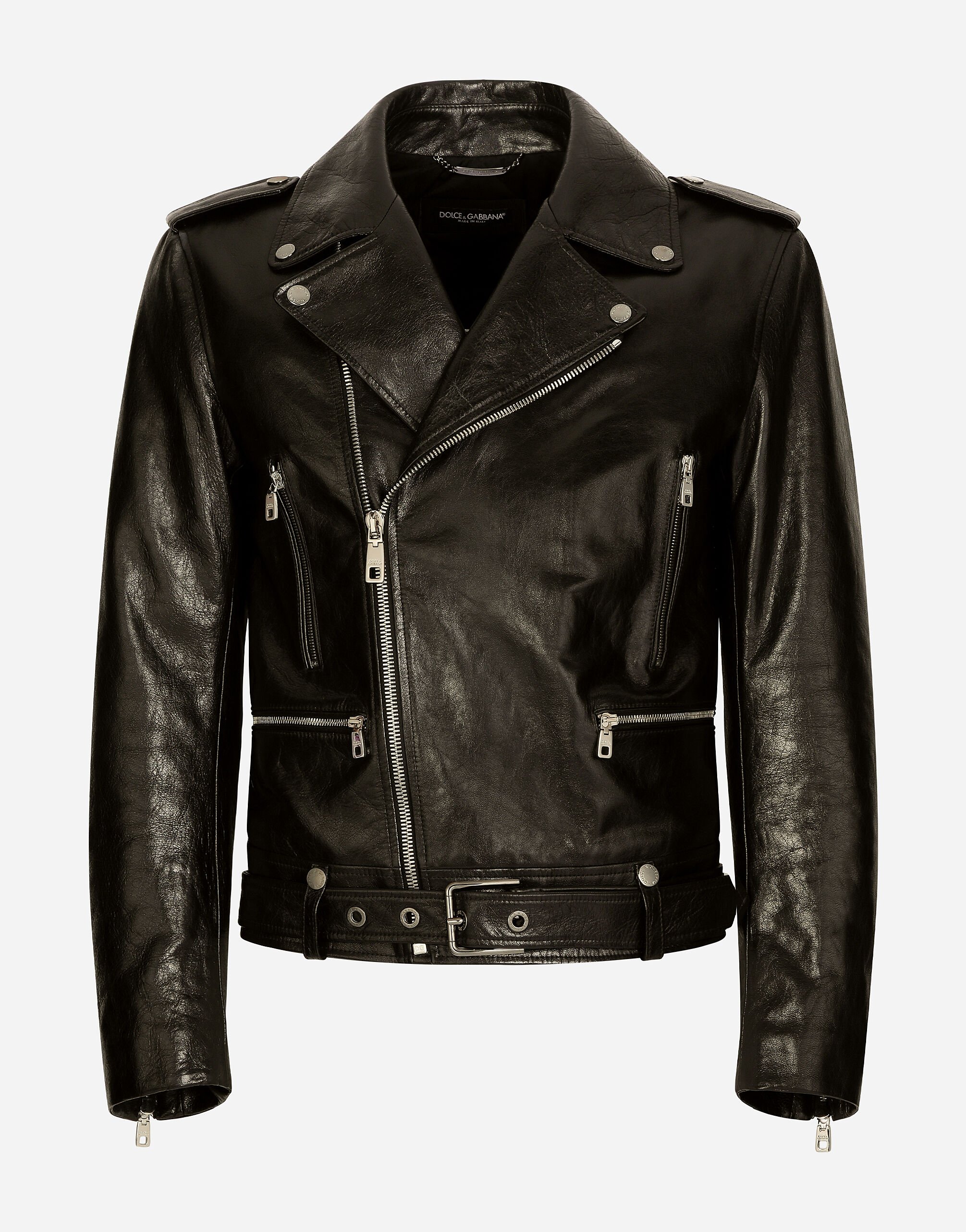 Dolce & Gabbana Belted leather biker jacket Blue G9ASWTHUMTI