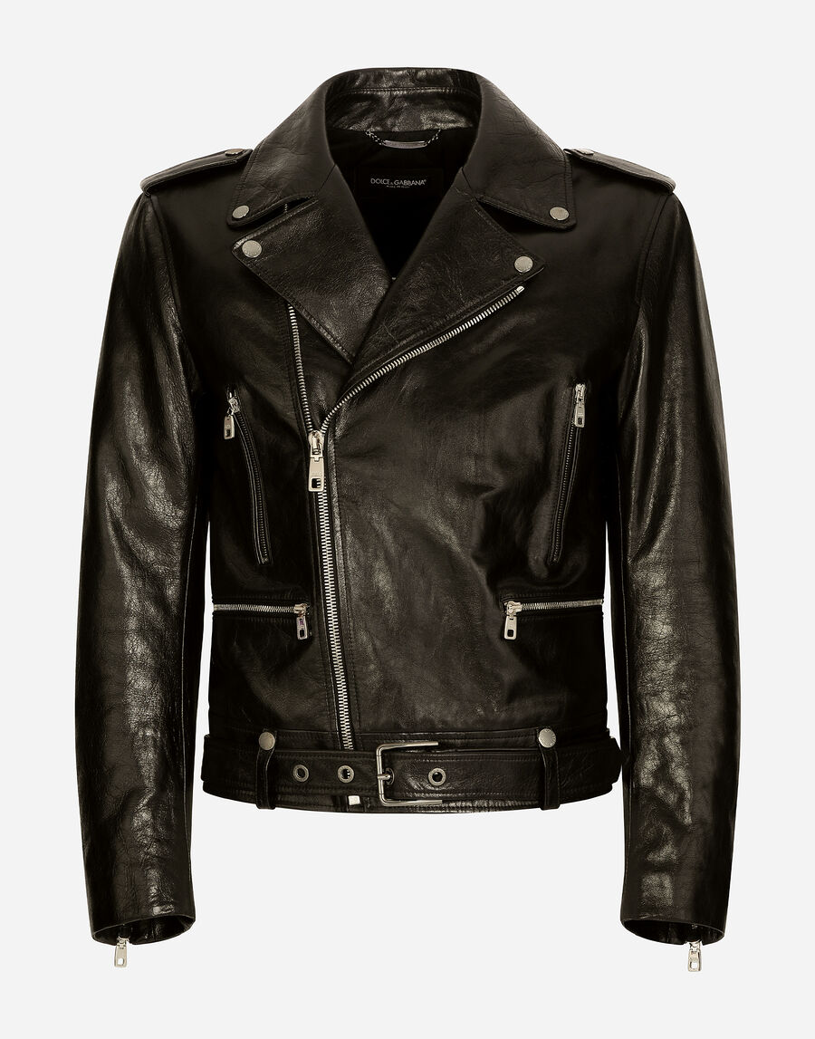 Belted leather biker jacket