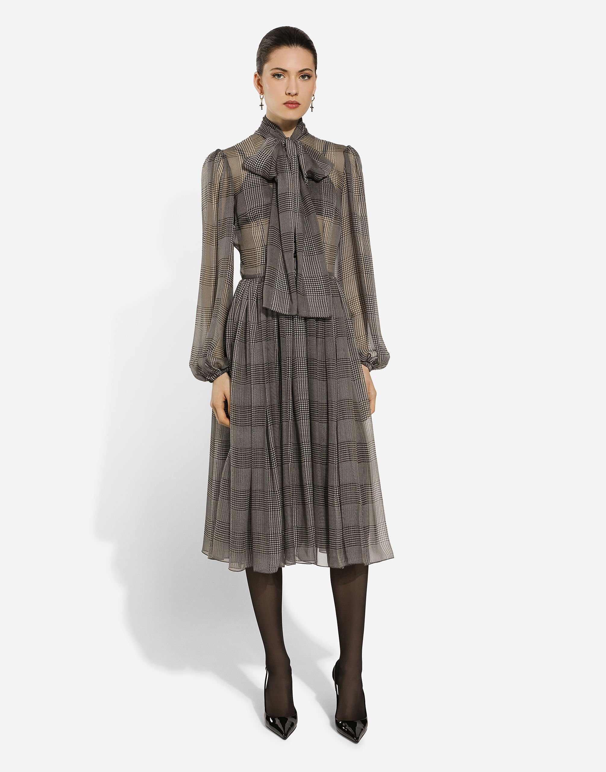 グレンチェックプリント シルクシフォン ドレス