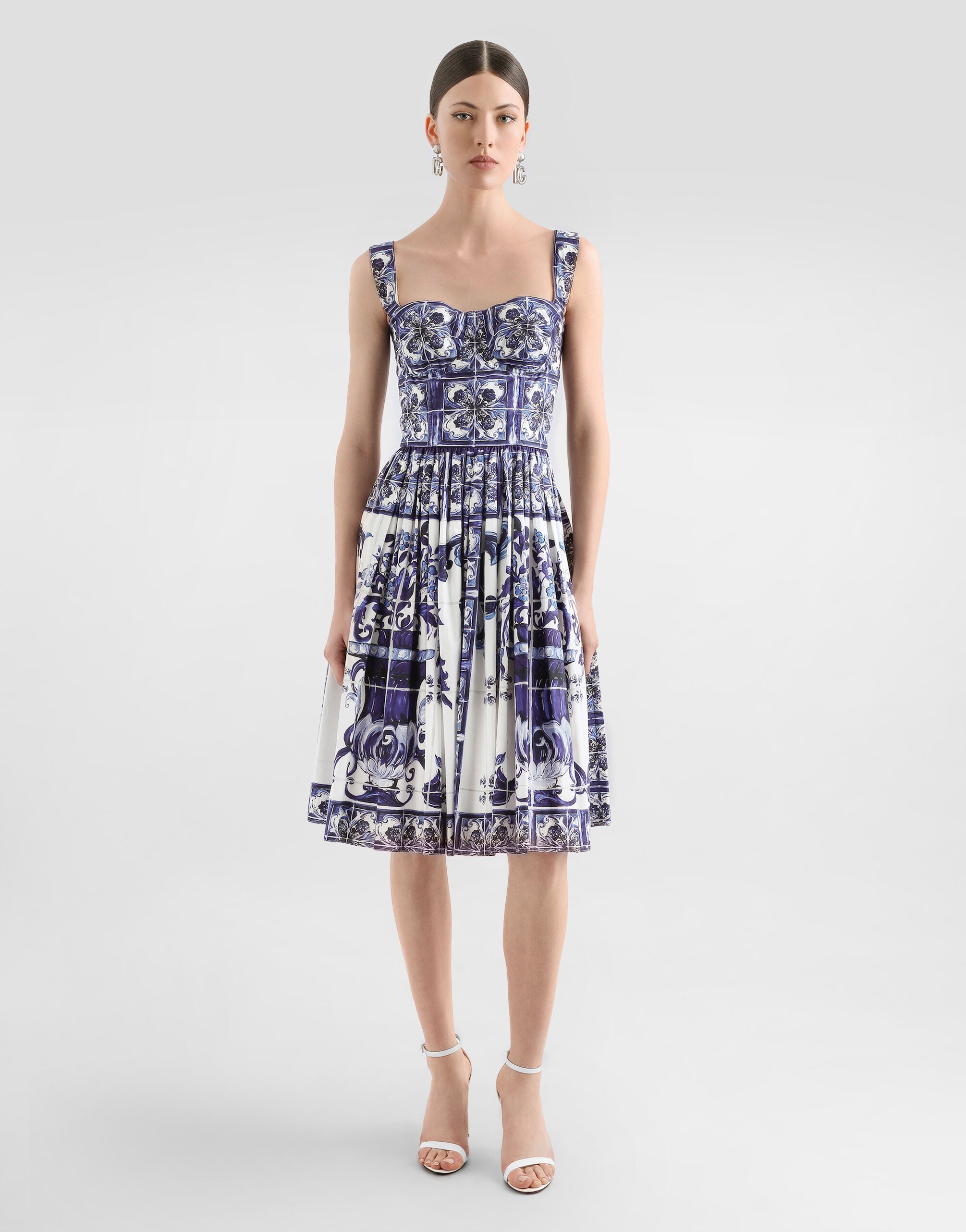 Bustier midi dress in majolica-print poplin in Multicolor for