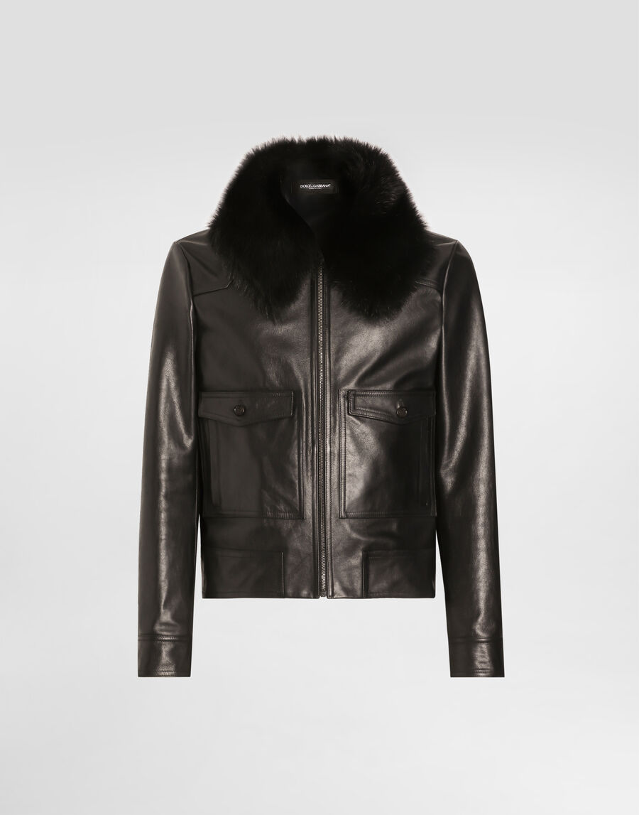 Leather jacket with fur collar