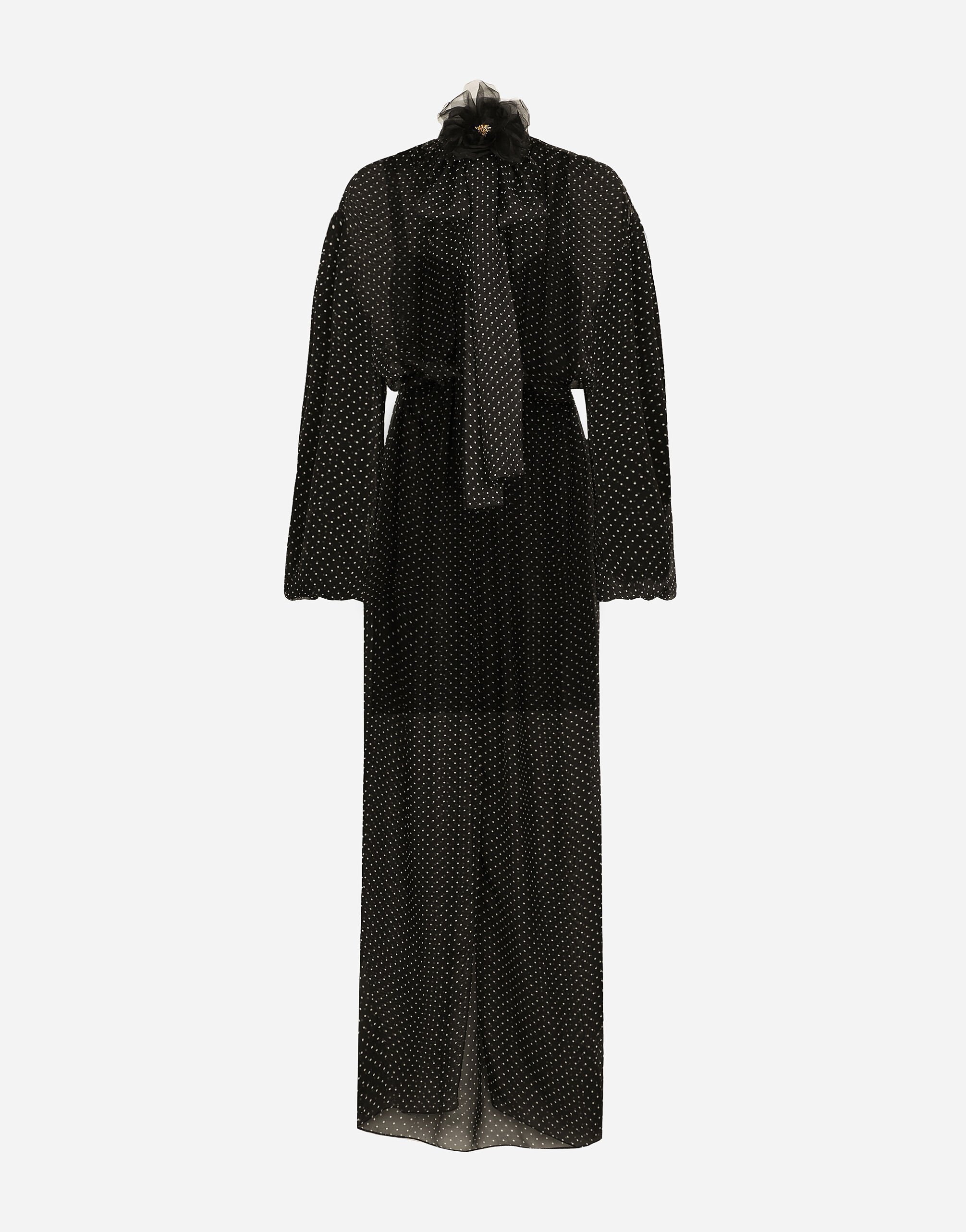 Dolce & Gabbana Langes Kleid aus Seidenchiffon Punkteprint mit Schleife und Blume am Kragen Schwarz F6AUXTFUUBD