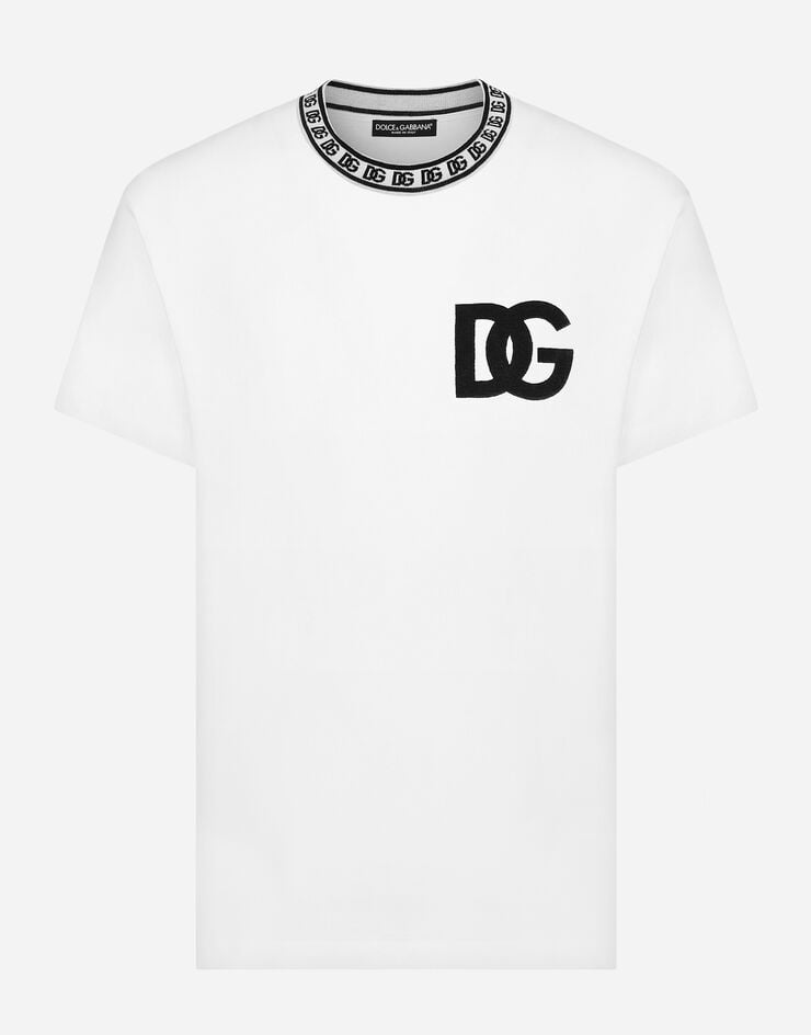 Dolce & Gabbana Rundhals-T-Shirt Baumwolle mit DG-Stickerei Weiss G8PJ4ZHU7MA
