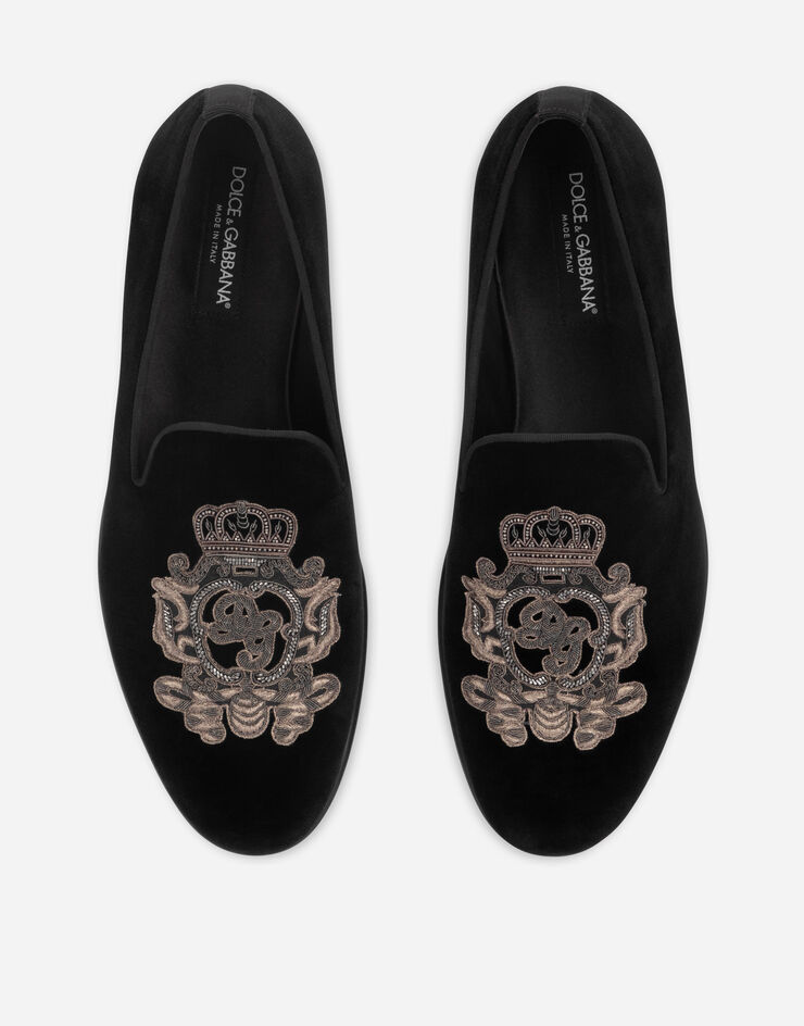 Dolce & Gabbana Velvet slippers with coat of arms embroidery Multicolor A50614AO249