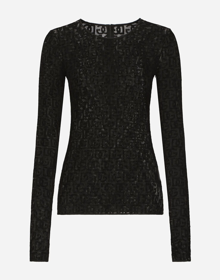 Dolce & Gabbana T-Shirt aus Tüll mit DG-Logo allover Schwarz F8T15TFLEAQ