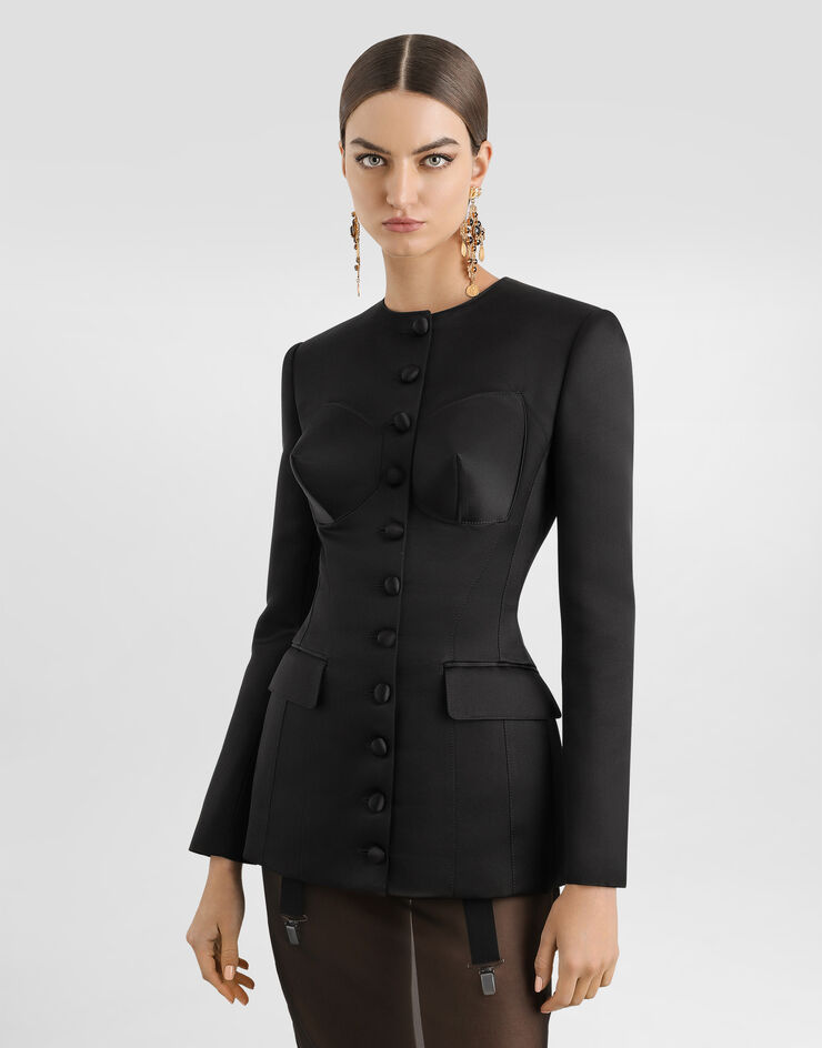 Dolce & Gabbana Chaqueta de raso duquesa con botonadura recta y copas cónicas Negro F27FDTFU1KM