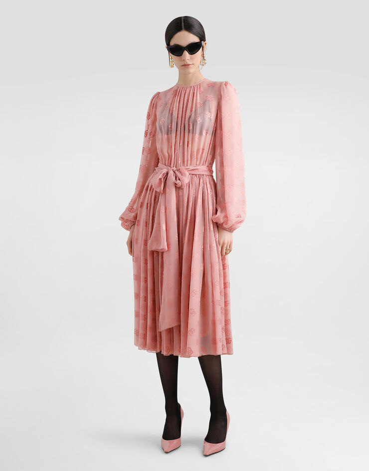 Dolce & Gabbana DG 徽标烧花提花真丝中长连衣裙 Pink F6AOJTFJTBR