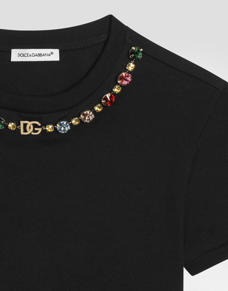 Dolce & Gabbana Jerseyt-shirt with jewel chain and DG logo Black L5JTNJG7PK2