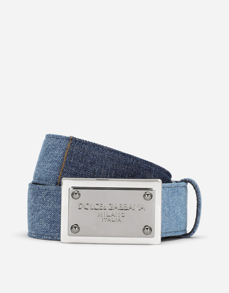 Dolce & Gabbana Cinturón en patchwork de denim con placa con logotipo Azul BC4777AG416