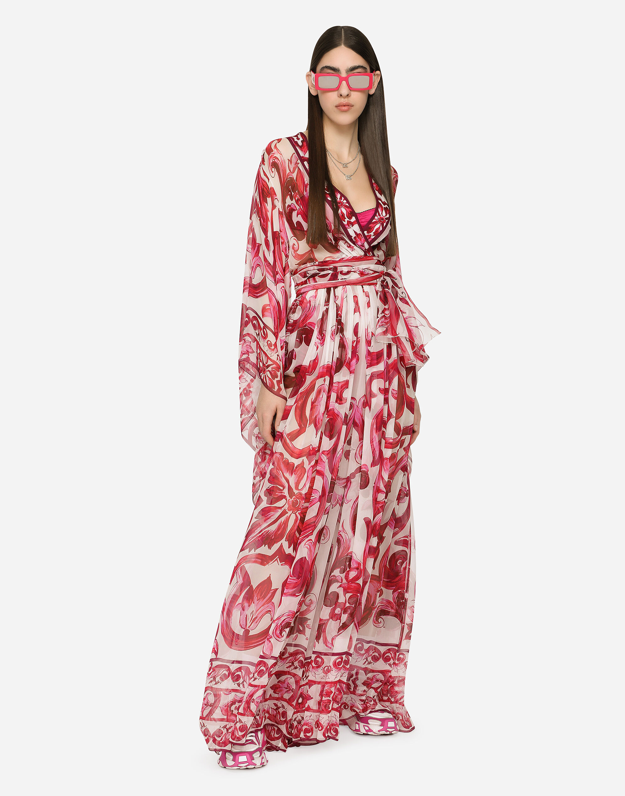 Abito lungo in chiffon stampa maiolica in Multicolore da Donna Dolce Gabbana