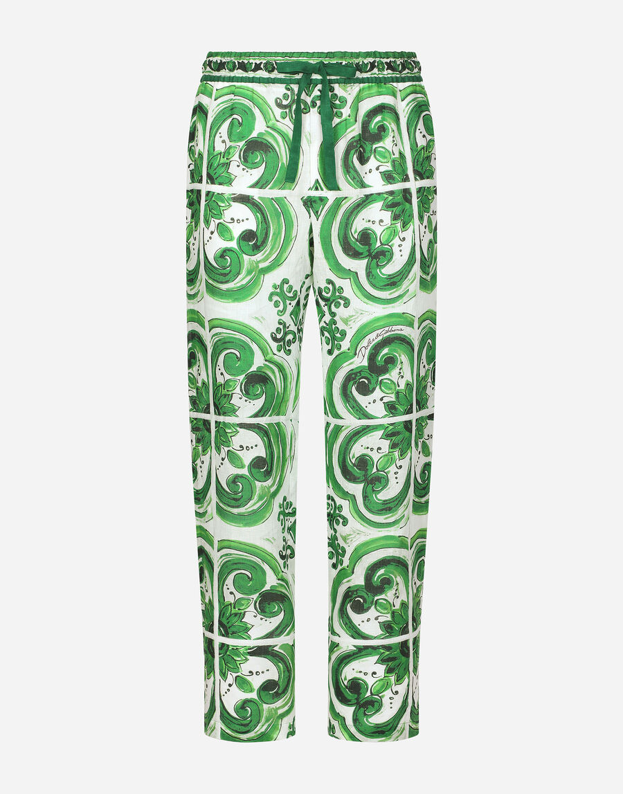 Majolica-print linen jogging pants