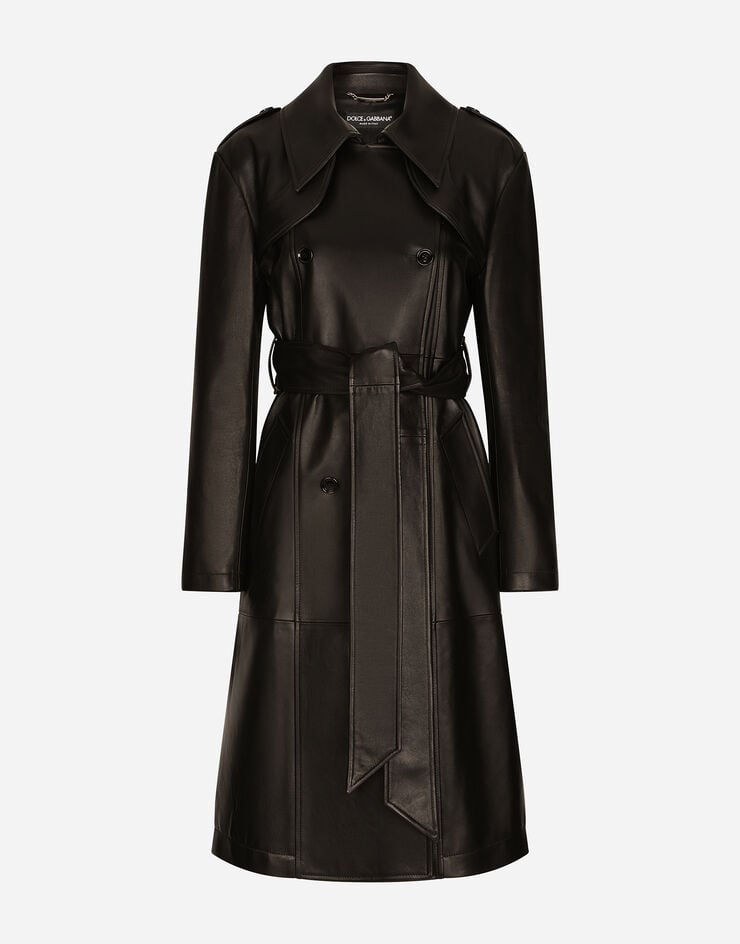 Dolce & Gabbana Zweireihiger Mantel aus Leder mit Gürtel Schwarz F0C3XLHULRJ