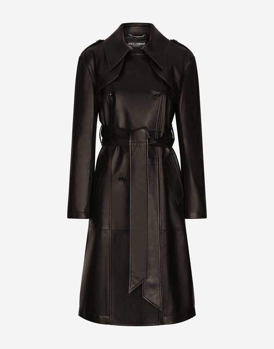 Belted double-breasted leather coat