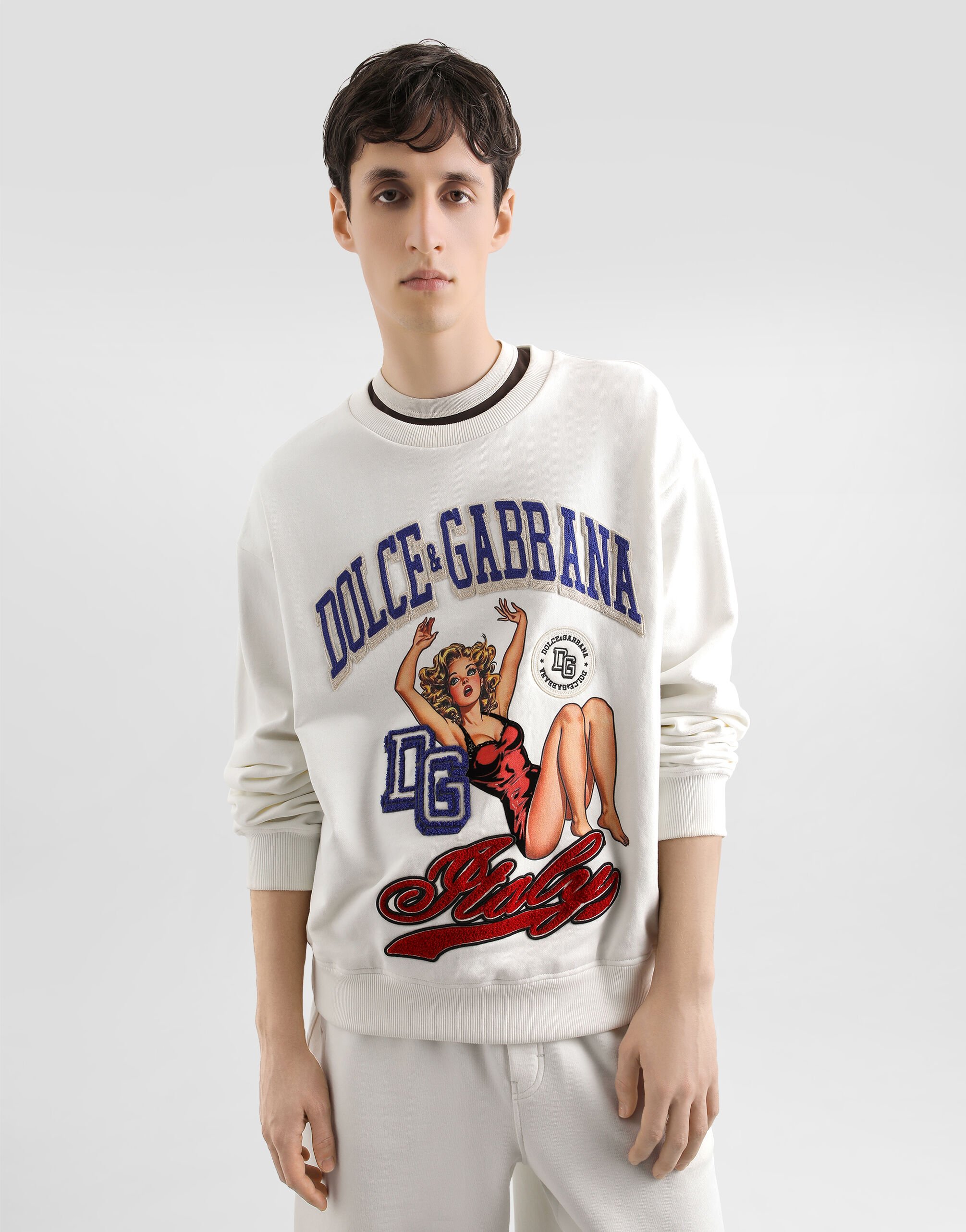 Sweatshirt with print and embroidery in Cream for Men