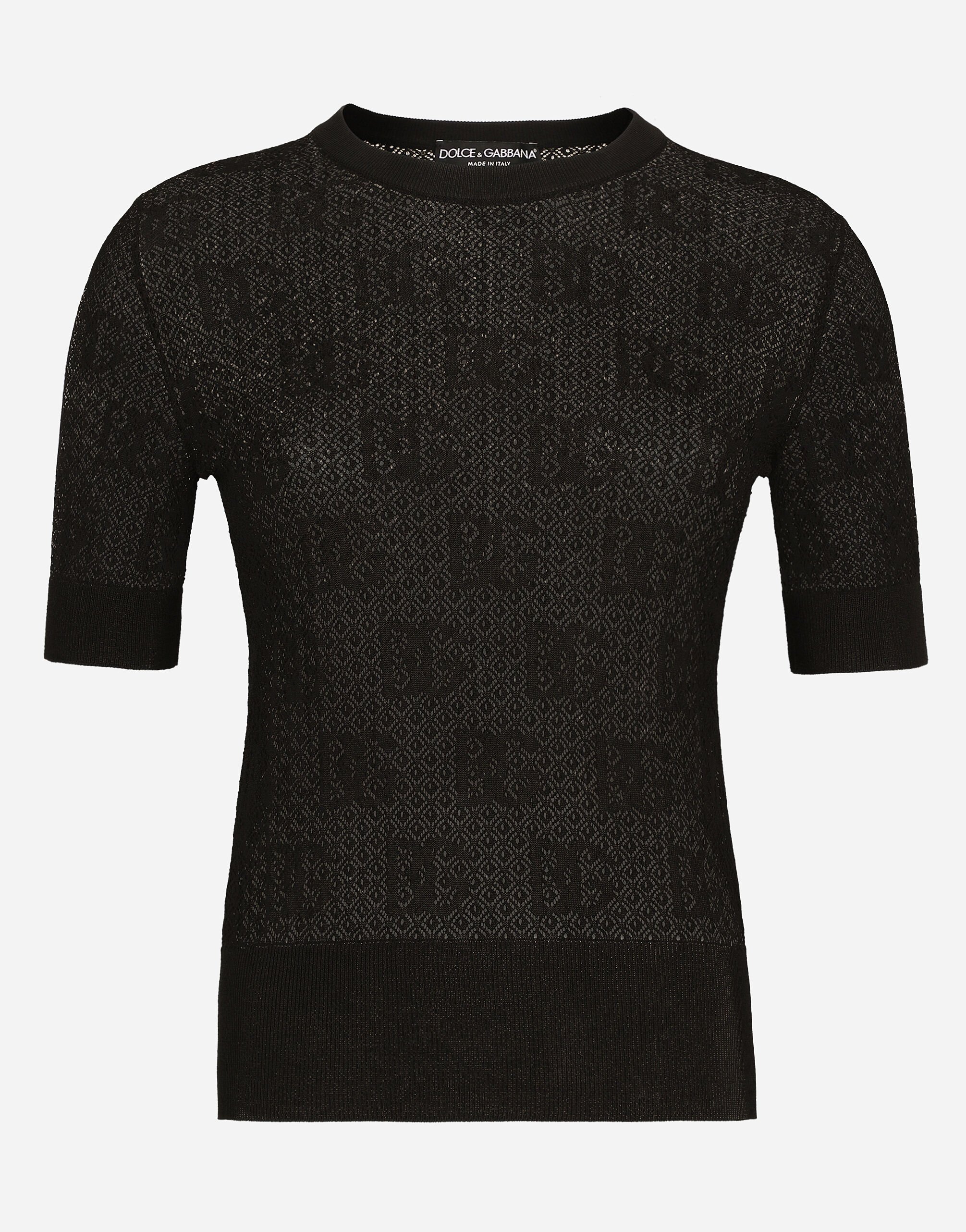 Dolce & Gabbana Lace-stitch viscose sweater with jacquard DG logo Black FXV15ZJFMBC