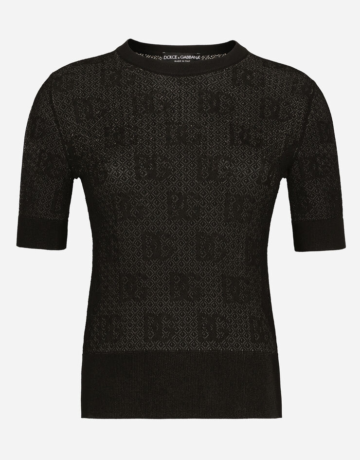 Dolce & Gabbana Lace-stitch viscose sweater with jacquard DG logo Black FXX03TJFMZ9