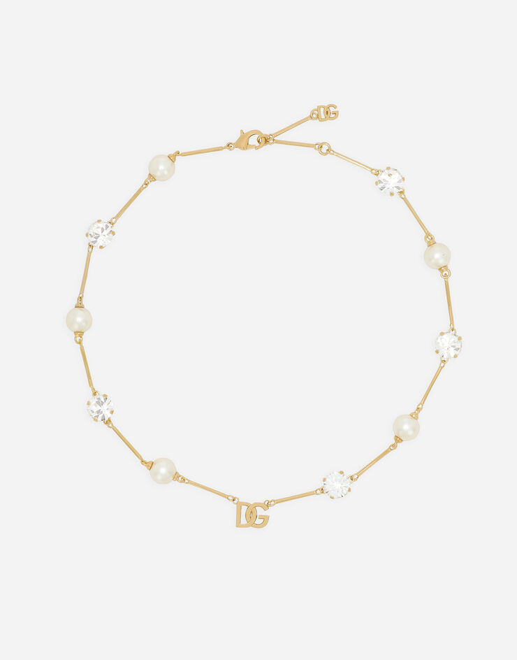 Dolce & Gabbana Kurze Halskette mit DG-Multi-Logo, Strass und Perlen Gold WNQ2X2W1111