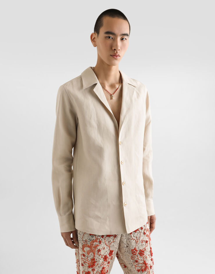Dolce & Gabbana 亚麻帆布 V 领长袖衬衫 米色 G5MX5TFU4MC