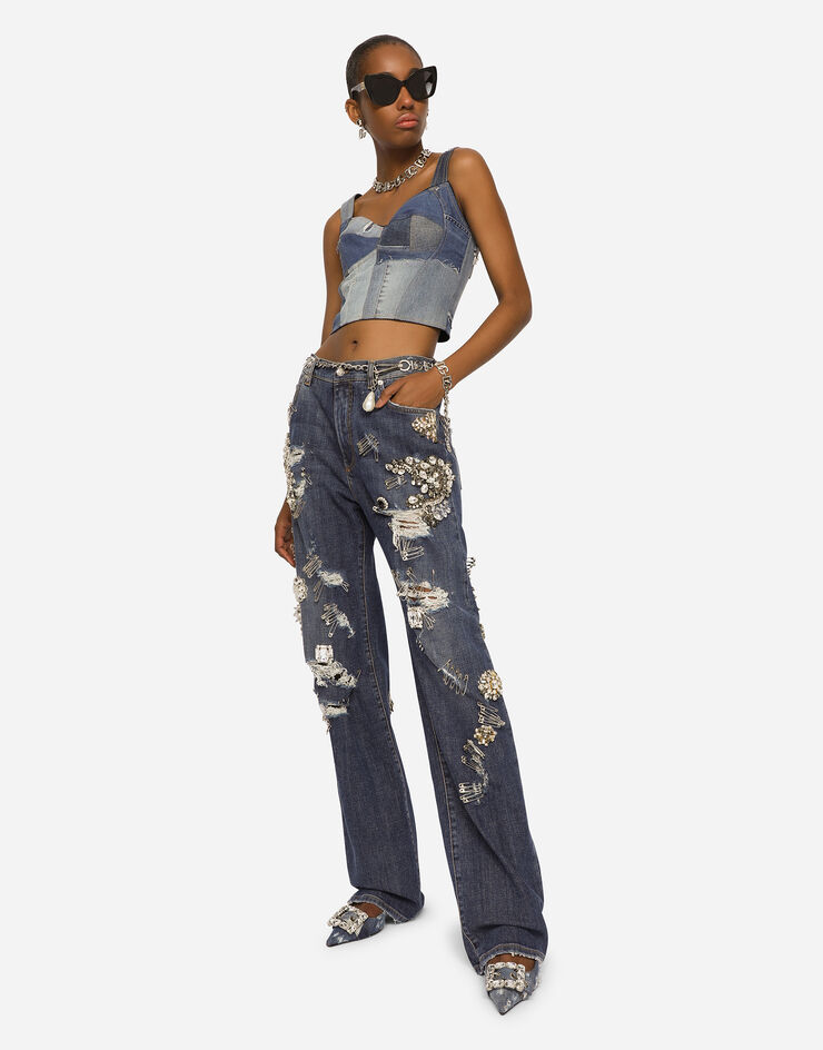 Dolce & Gabbana Denim jeans with ripped details and appliqués Multicolor FTCGNZG8HO0