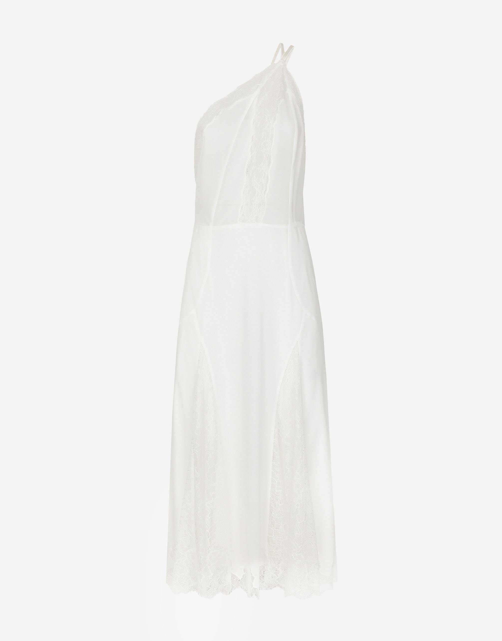 Organzine and lace calf-length dress with asymmetrical neckline in