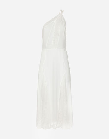 Dolce & Gabbana Organzine and lace calf-length dress with asymmetrical neckline White F6JCBTGDCFA