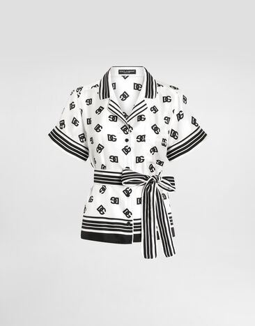 Dolce & Gabbana Bluse aus Seidentwill mit DG-Print allover Drucken F5G67THI1Z6