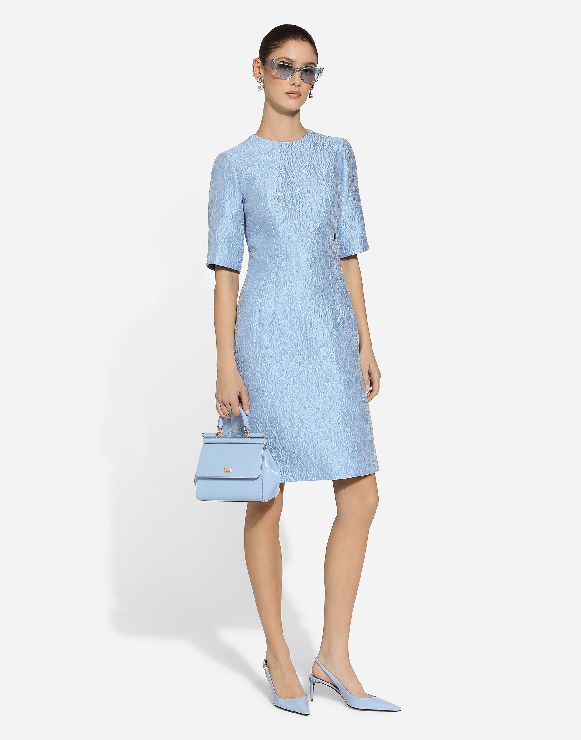 Fit-and-flare midi dress in floral jacquard in Azure for